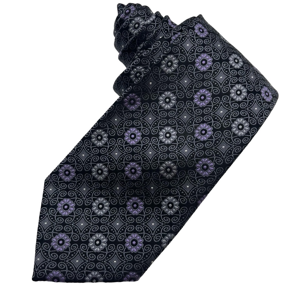 Vintage Van Heusen 100% Silk Necktie Tie‎ Black Purple Floral Medallion Retro